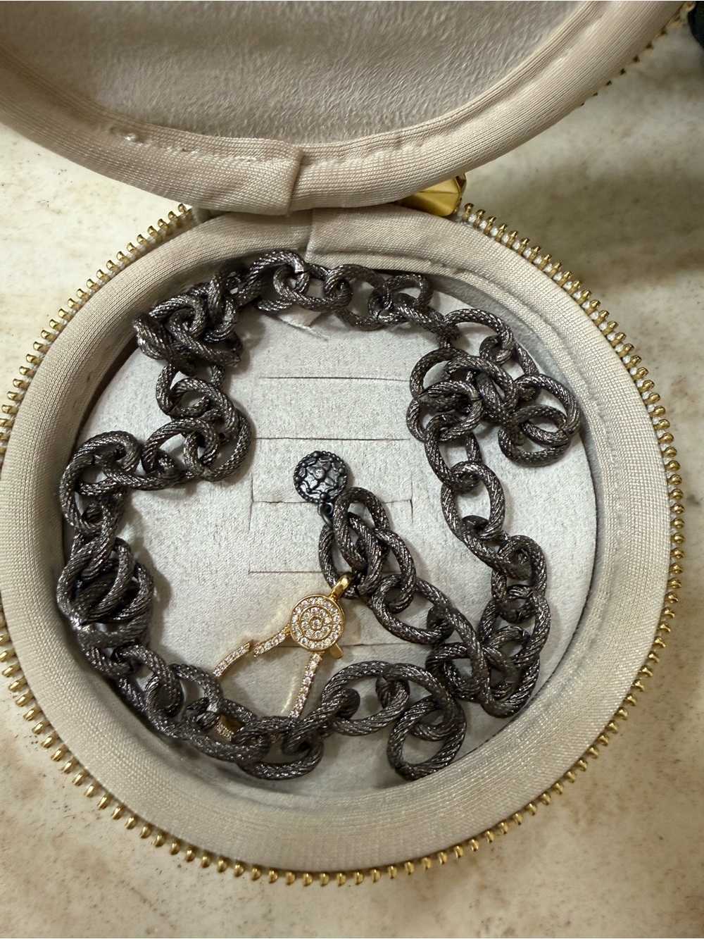 Black Textured Chain Necklace with Gold and Crystal Accent